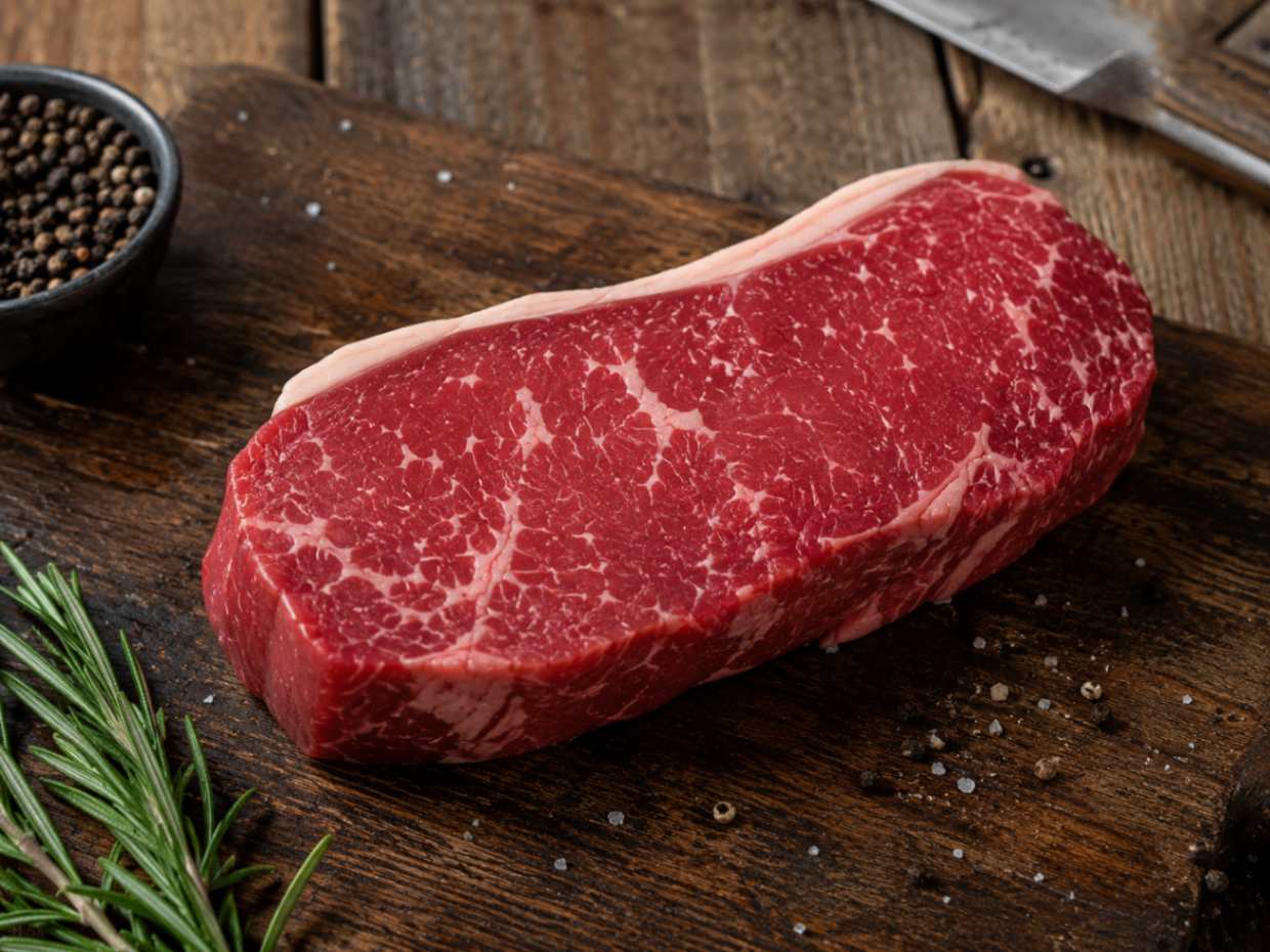 Raw sirloin steak on a rustic wooden board