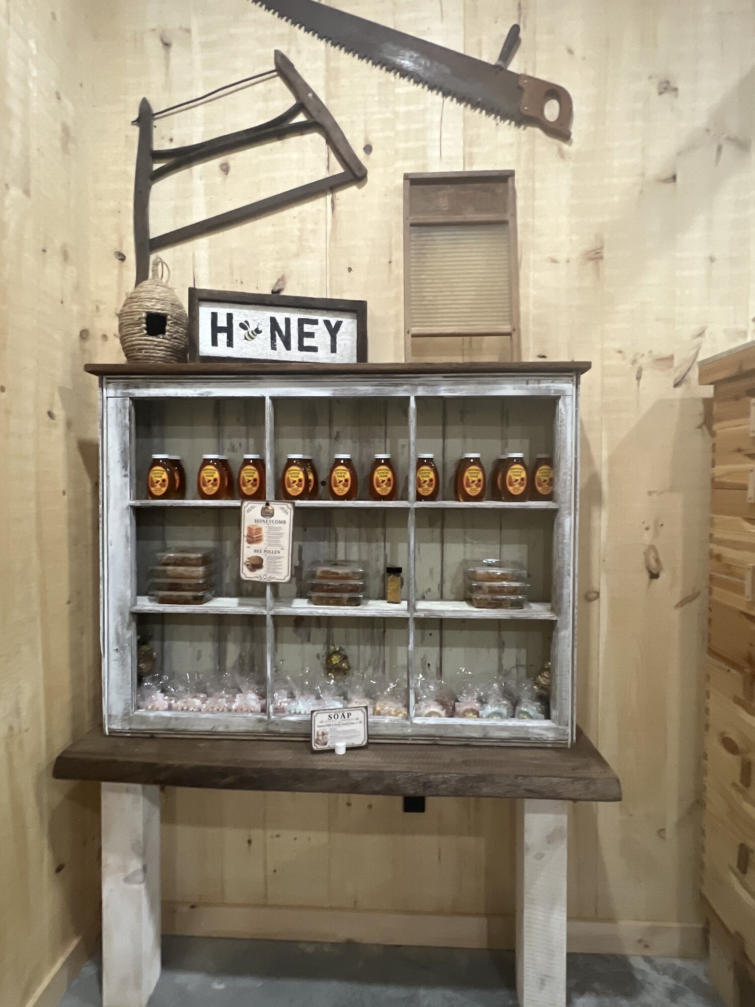 Honey, honeycomb, and soap display in the country store