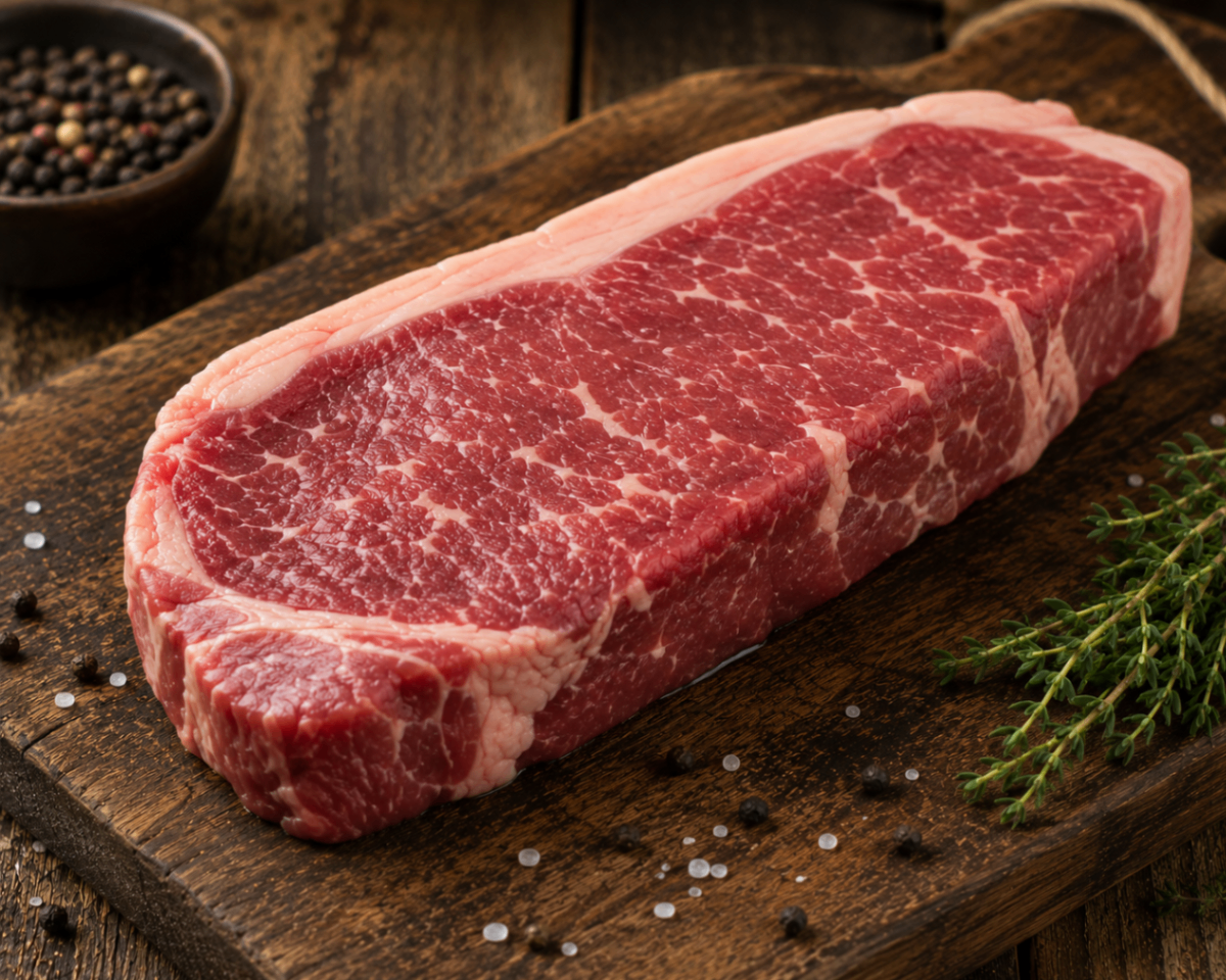 Raw New York strip steak on a rustic wooden board