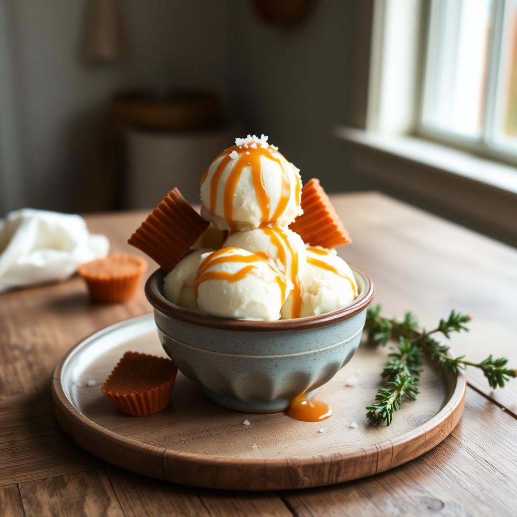 Sea salt caramel ice cream drizzled with caramel and caramel cups