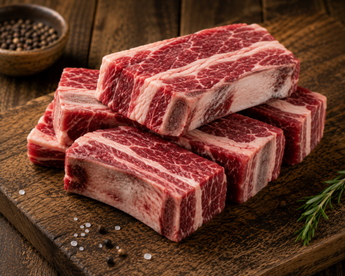 Raw beef short ribs stacked on a rustic wooden board