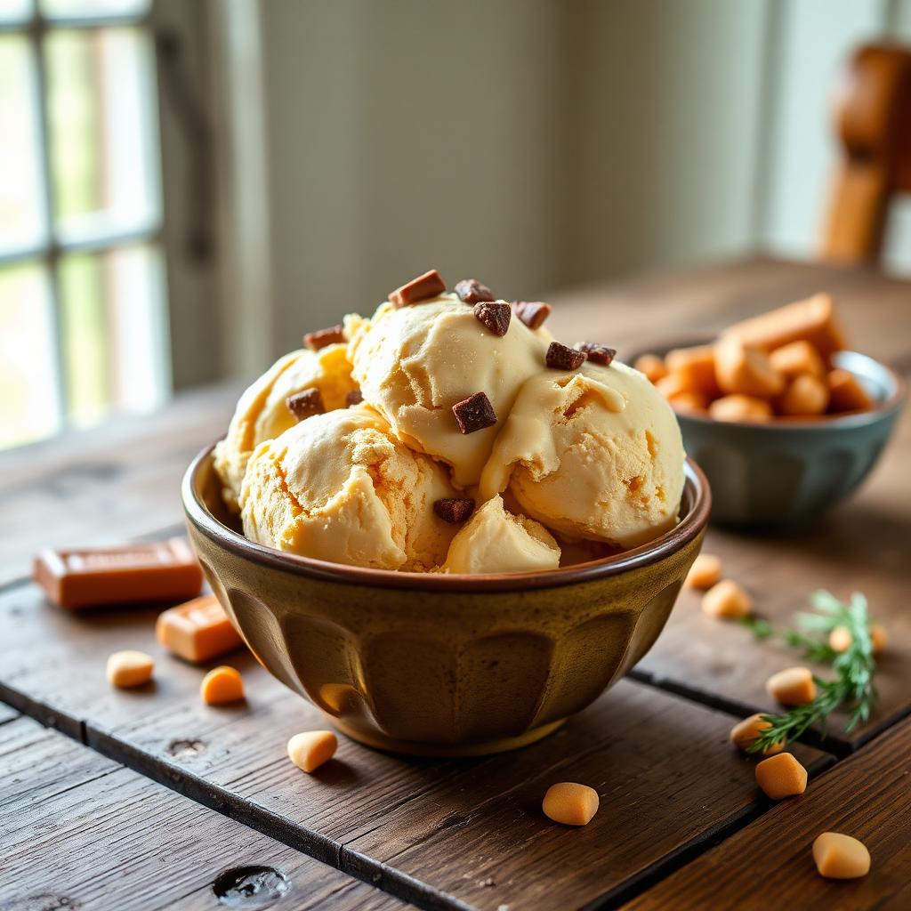 Butterscotch ice cream with Heath Bar pieces and butterscotch chips