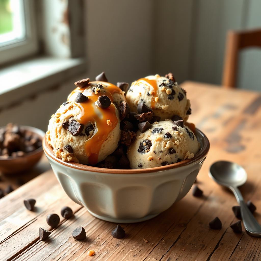 Caramel ice cream with chocolate chip cookie dough pieces