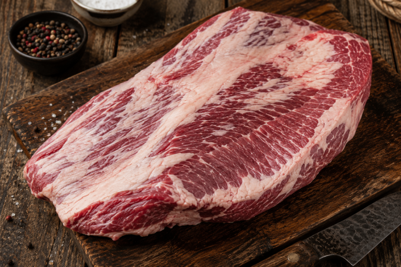 Raw beef brisket on a rustic wooden board