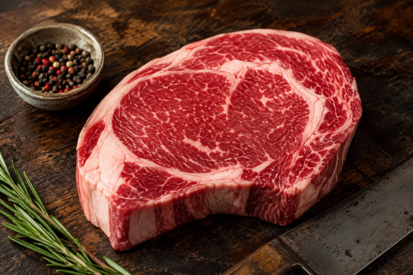 Raw ribeye steak on a rustic wooden board