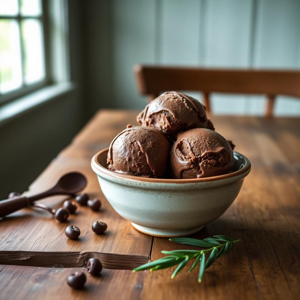 Rich chocolate ice cream scoops in a rustic ceramic bowl