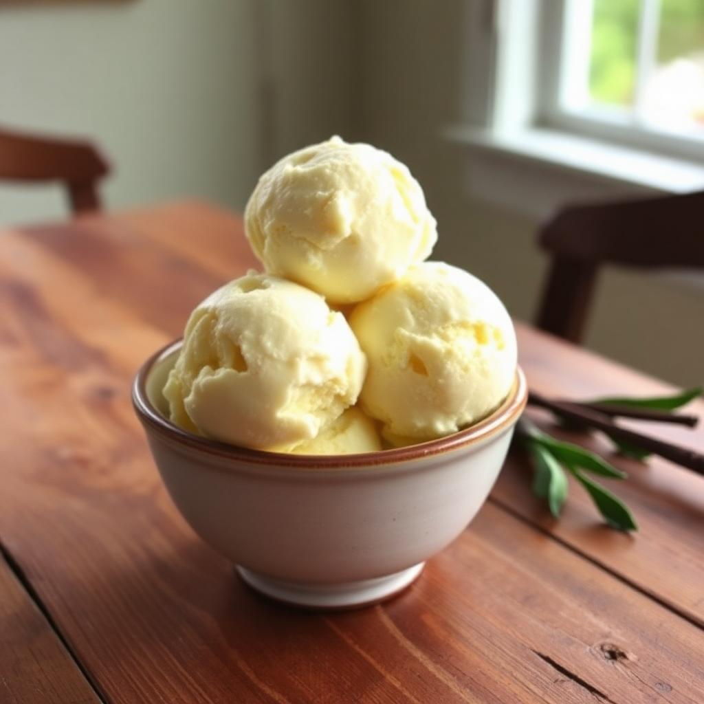 Premium vanilla bean ice cream scoops in a rustic ceramic bowl