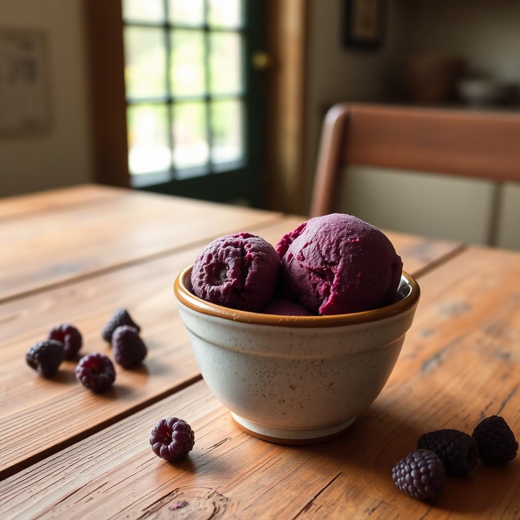 Scoops of black raspberry ice cream in a rustic ceramic bowl