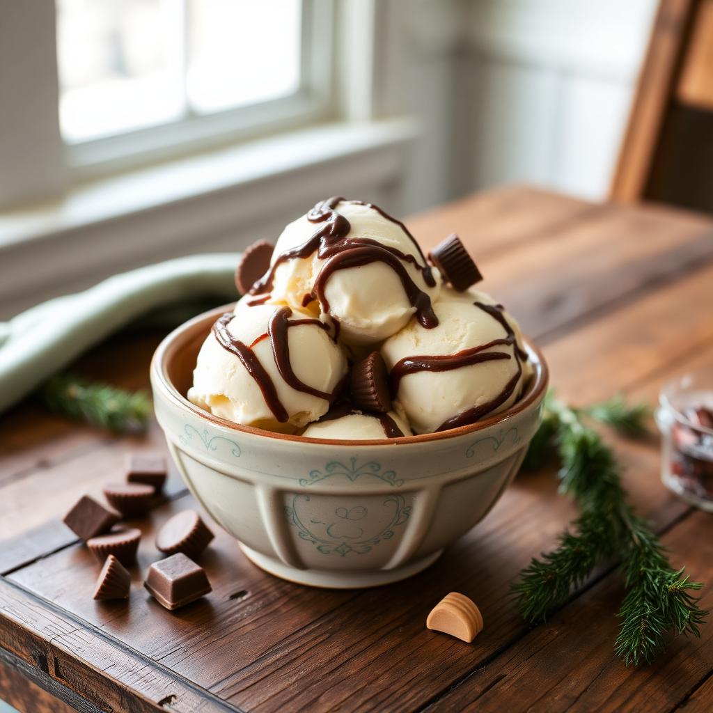 Vanilla moose tracks ice cream with peanut butter cups and fudge