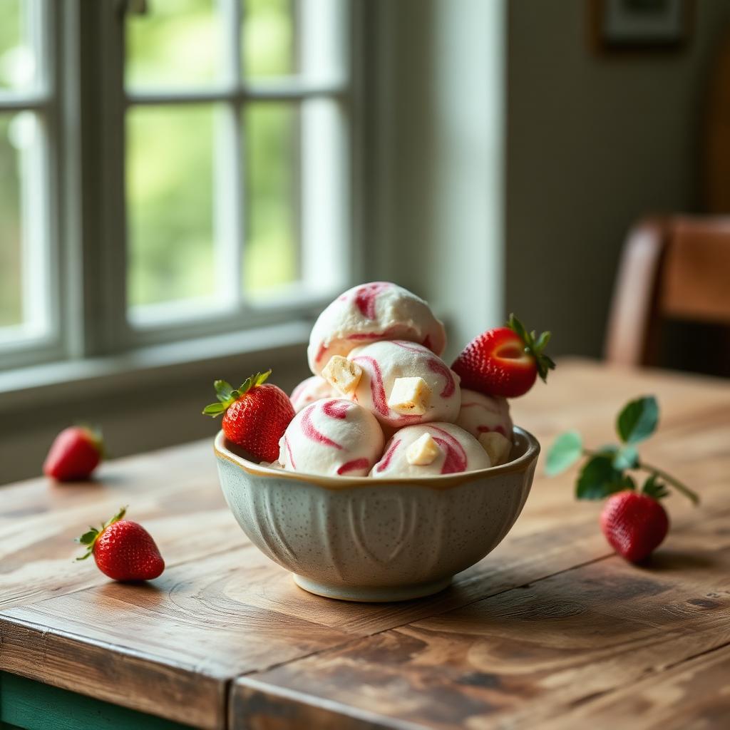 Strawberry cheesecake ice cream with strawberry swirls and fresh strawberries