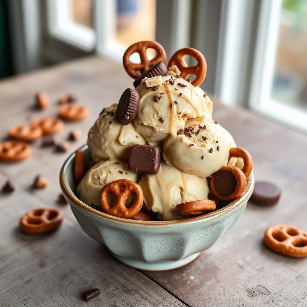 Peanut butter ice cream with pretzels, peanut butter cups and fudge