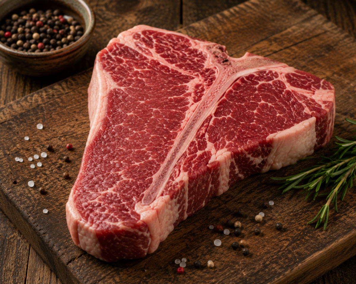 Raw beef porterhouse steak on a rustic wooden board