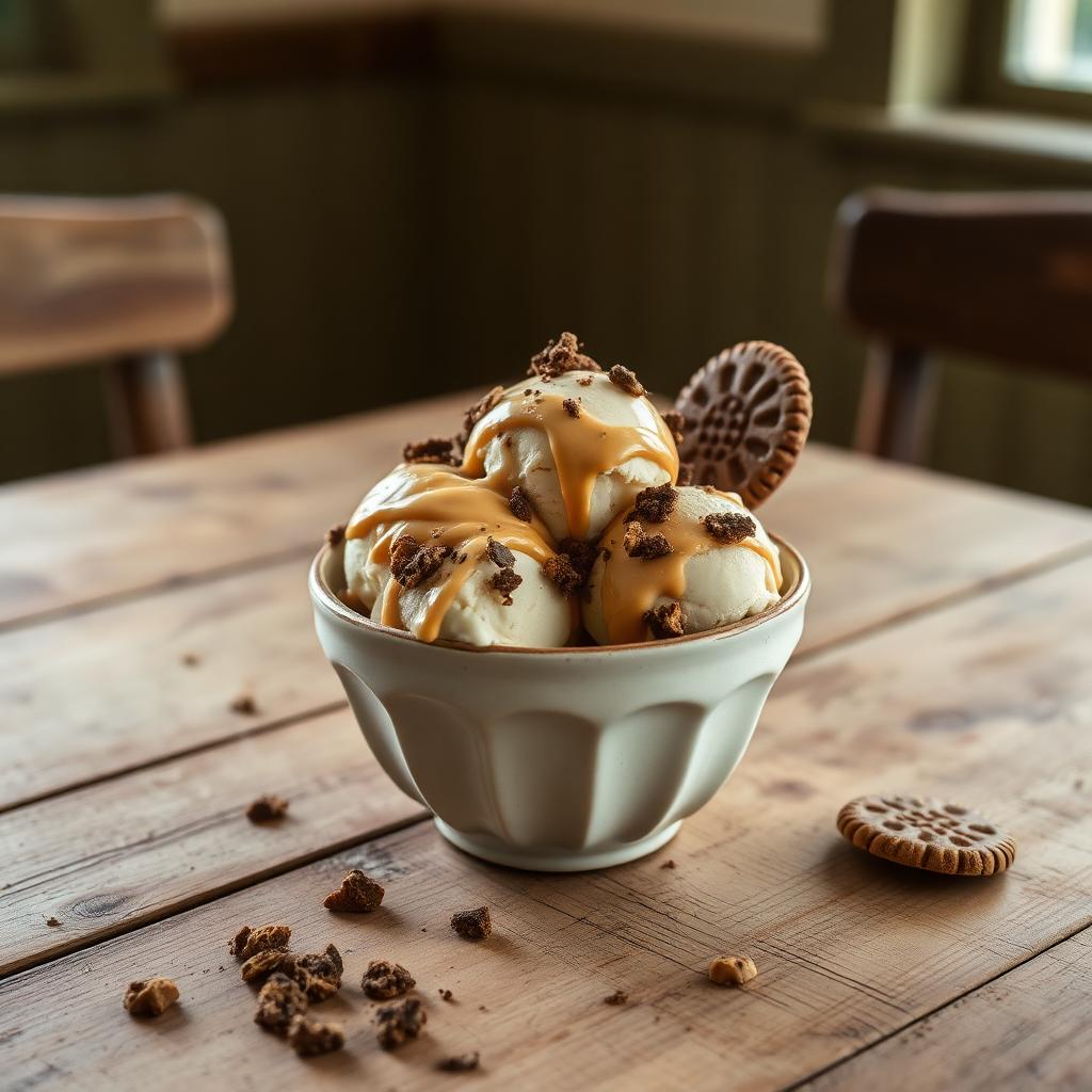 Railroad ice cream with peanut butter, fudge and crushed cookies