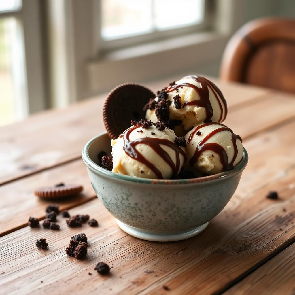 Coffee mud pie ice cream with crushed cookies and fudge