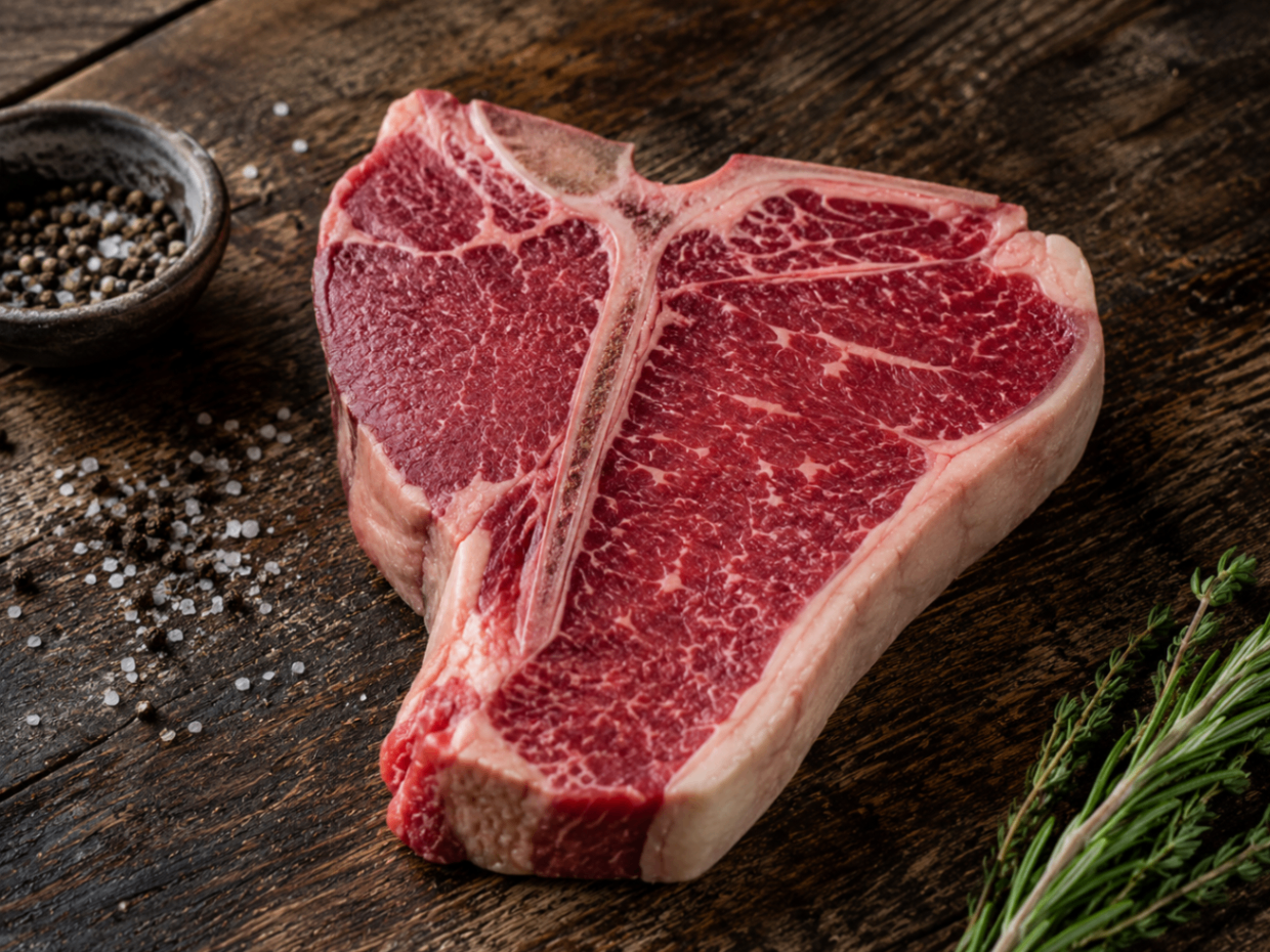 Raw T-bone steak on a rustic wooden board