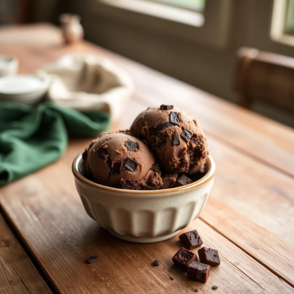 Chocolate fudge brownie ice cream with brownie chunks in a rustic ceramic bowl