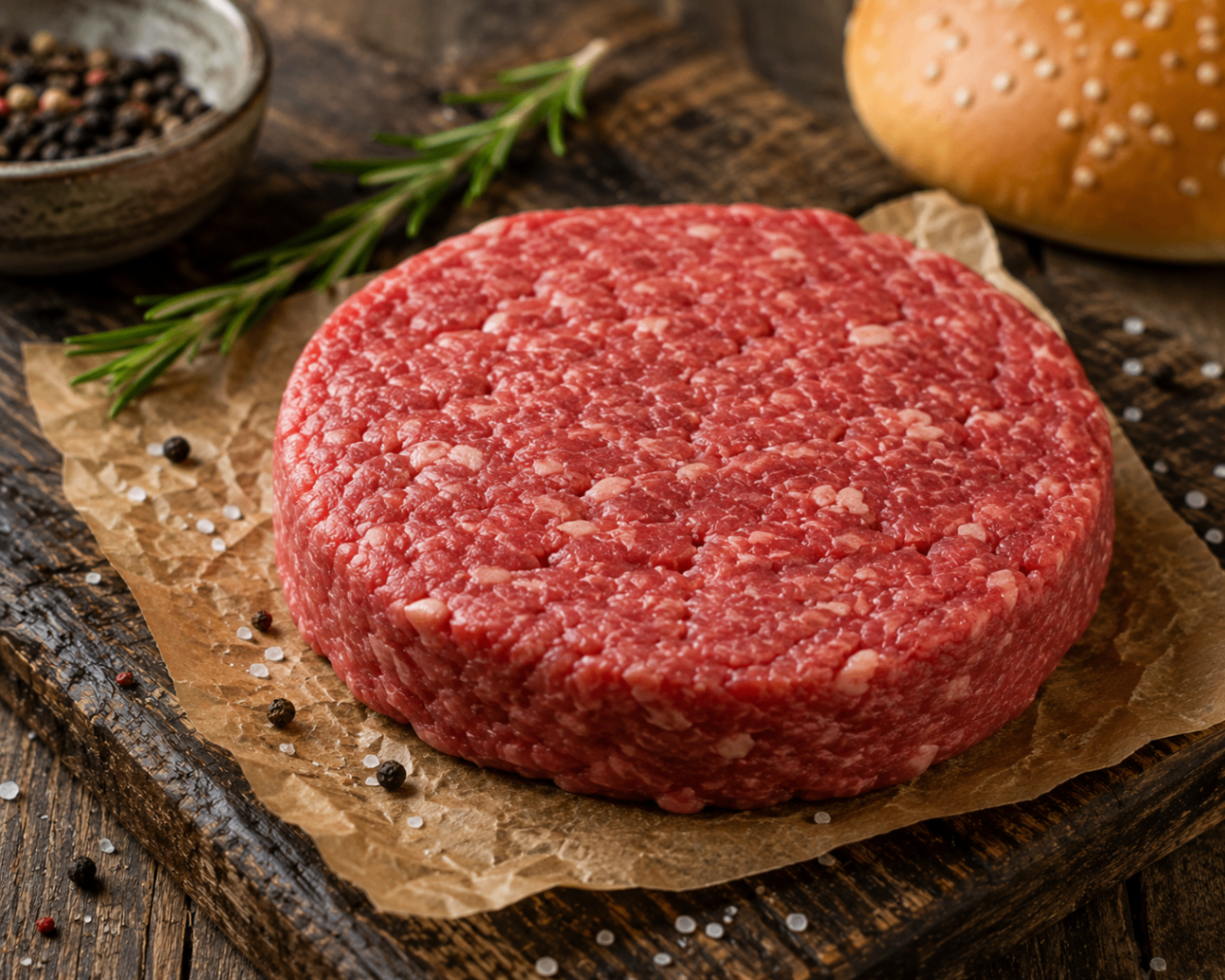 Fresh raw beef patty on rustic butcher paper