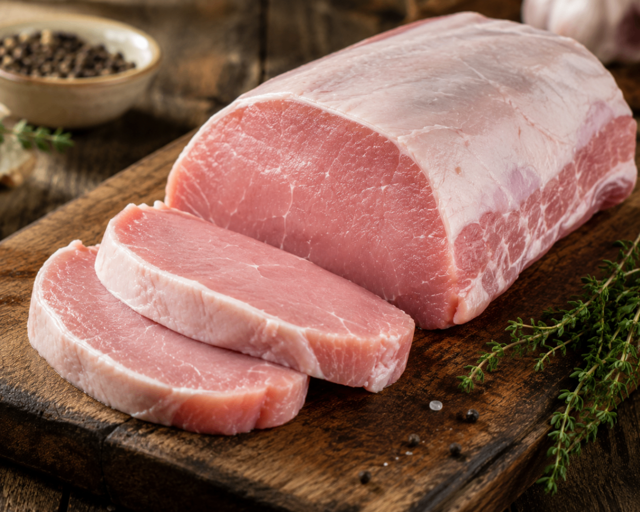 Raw pork loin with slices on a rustic wooden board