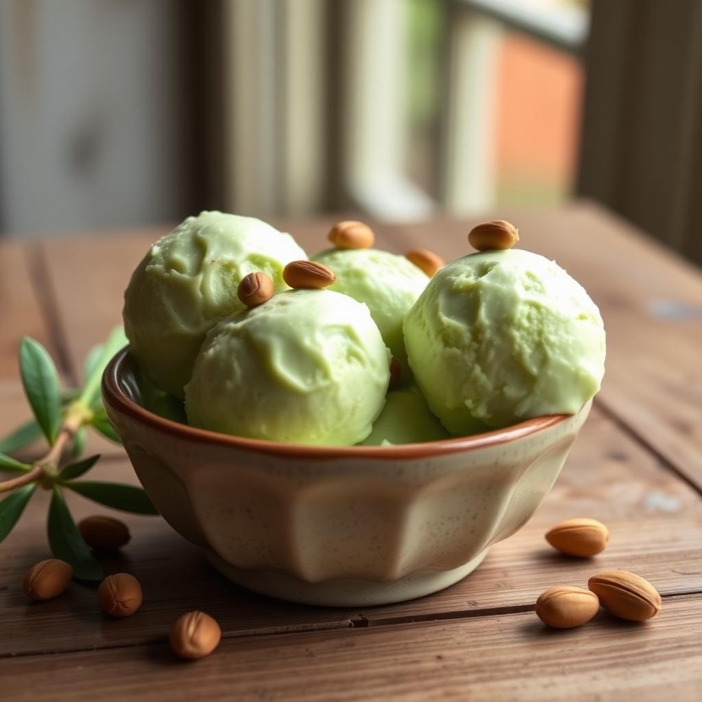Pale green pistachio ice cream topped with whole pistachios