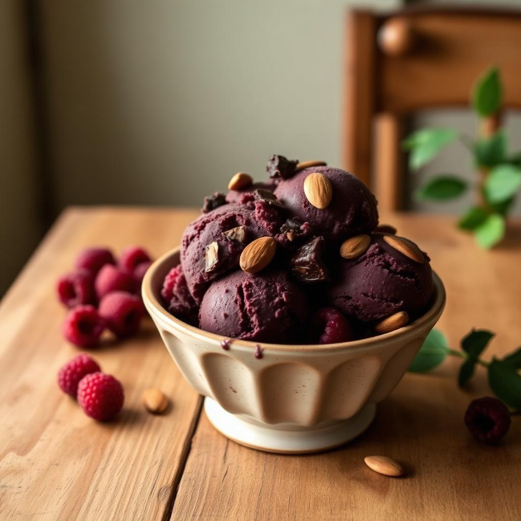 Black raspberry ice cream with chocolate chunks, cherries and almonds