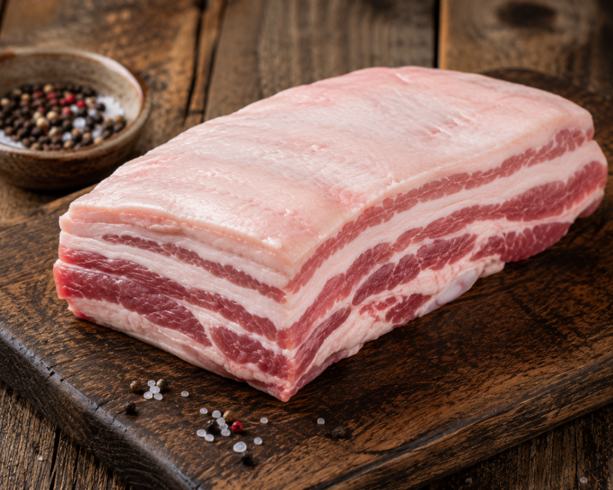 Raw pork belly on a rustic wooden board