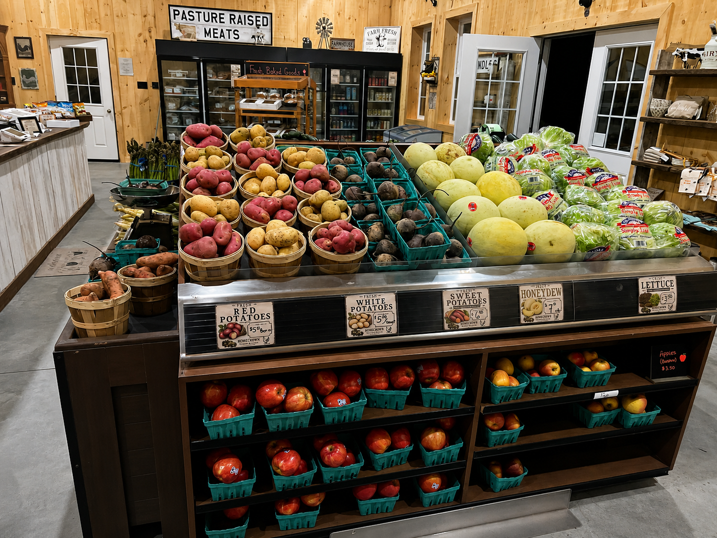 Fresh produce display inside the country store